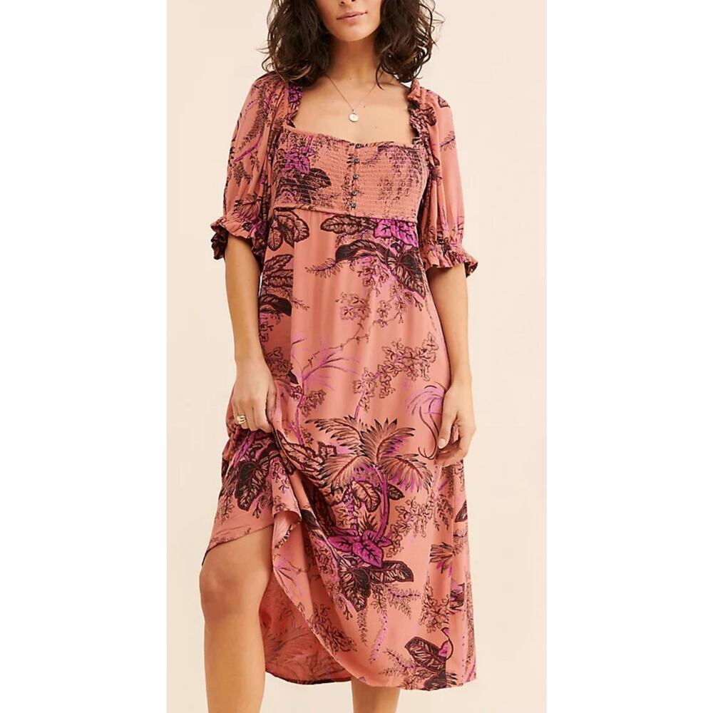 By Anthropologie Dress Womens XS Rust Bird Print Open Back Boho Cottagecore